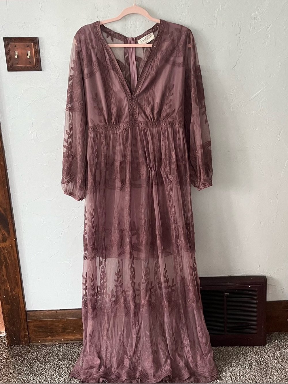 Bella Ella Boutique Long Sleeve Boho Maxi Dress Sheer Lace Dusty Pink Mauve XL